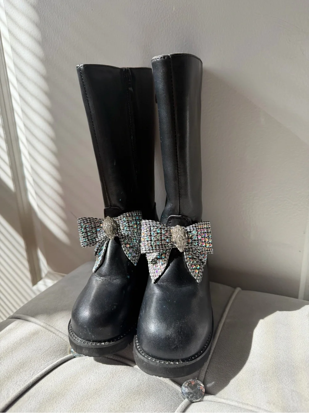 Kurt Geiger Black Kids Knee-High Boots with Rhinestone Bow